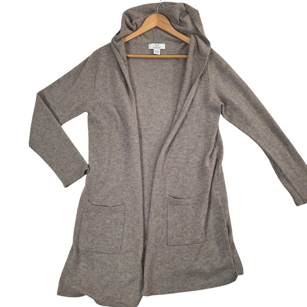 Magaschoni Cashmere Taupe Womens Large Brown Hooded Open Front Cardigan Sweater
